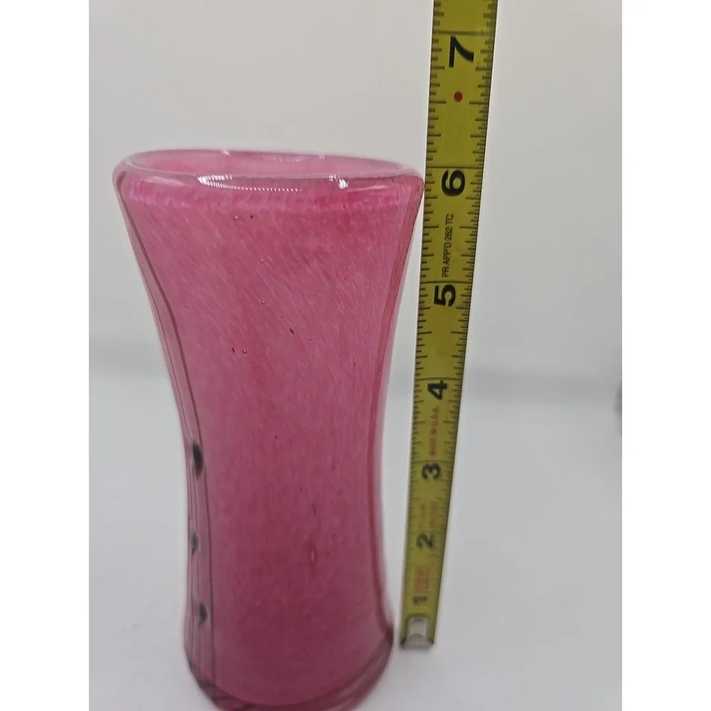 Hand Blown Art Glass Mottled Pink Vase w/ Textured Lines & Dots Applied